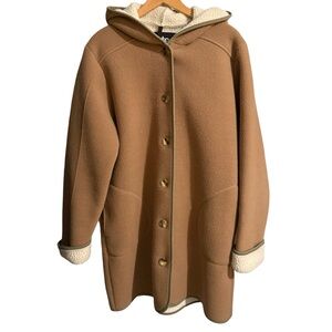 Totes fleece full button up jacket coat midi length hooded camel color sz Medium